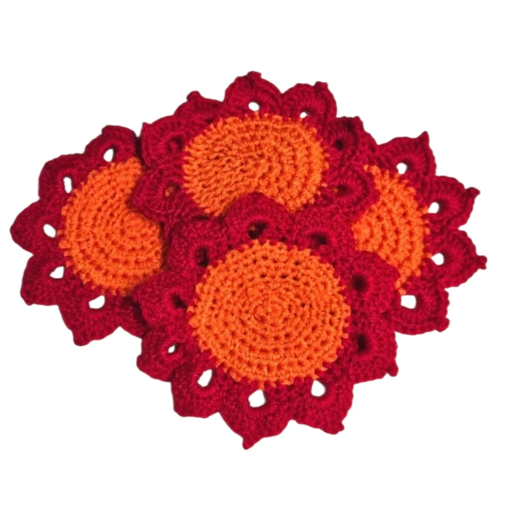 Deep Red and Orange Crochet Sunflower Coasters -Set Of 4-